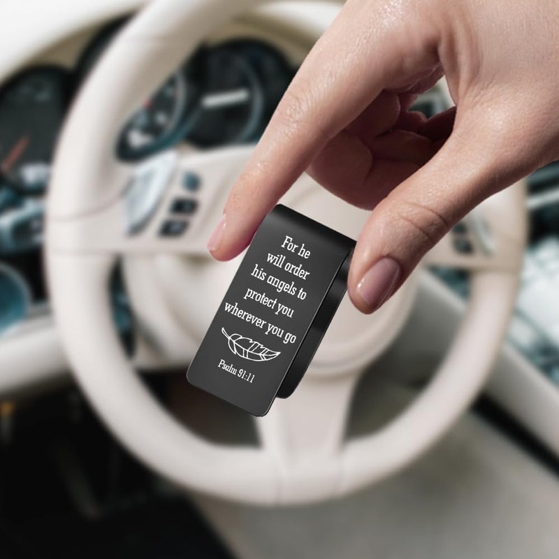 PUVOXHO for He Will Order His Angels to Protect You Black Engraved Stainless Steel Car Visor Clip, Psalm 91:11, Guardian Angel Visor Clips for Cars, Safe Driving Gifts for Family Friend - Image 3